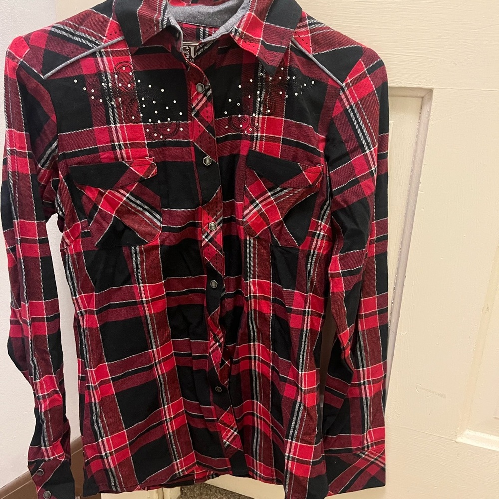 Cowgirl Up Red and Black Plaid Snap-Up Shirt
